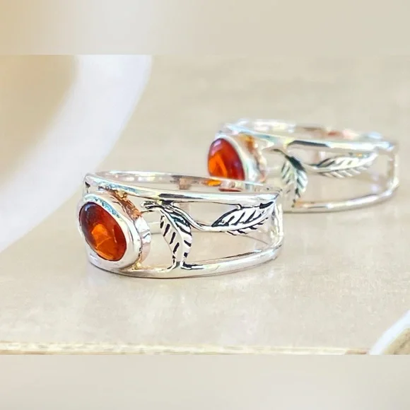 925 Sterling Silver Ring!!pretty folliage Band with Natural carnelian! Us: 7,8,9 - Picture 2 of 15